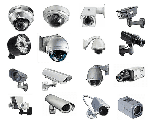 كاميرات المراقبة بمختلف انواعها ويمكن تقسيمها إلي كاميرات داخلية وكاميرات خارجية